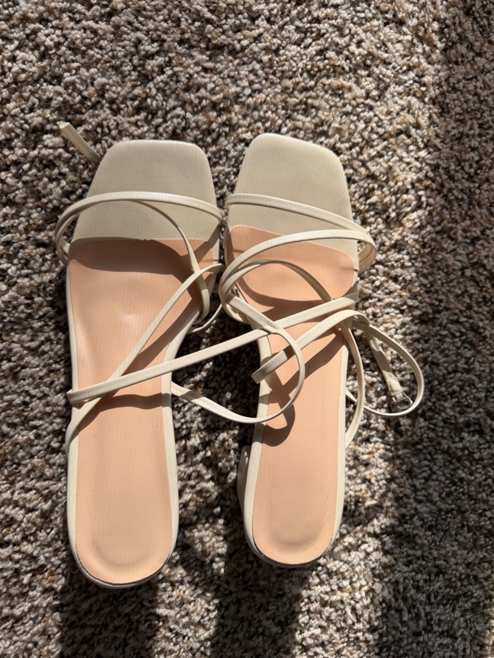 Strappy Square-Toe Lace-Up Sandals in Cream